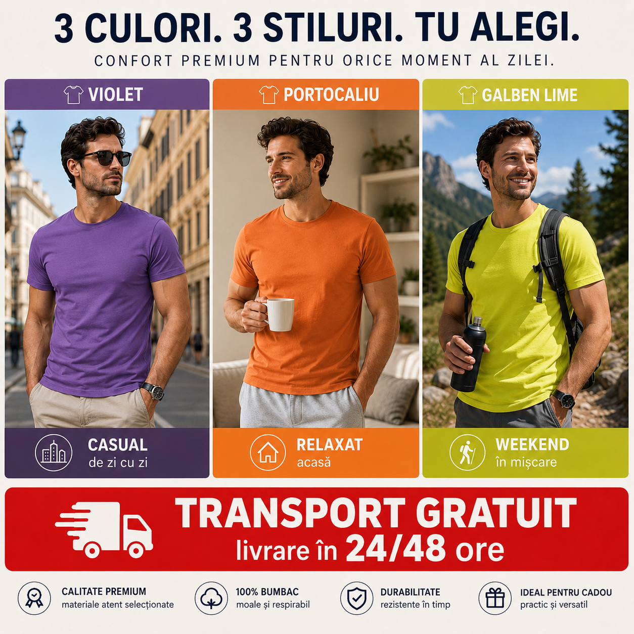 Tricouri bărbați violet portocaliu și galben lime din bumbac 100% pentru ținute casual